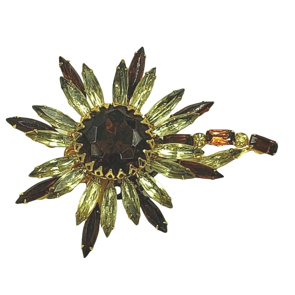 Vintage Stemmed Flower Brooch Rhinestone 3 Inch Peridot Topaz Colored Unsigned